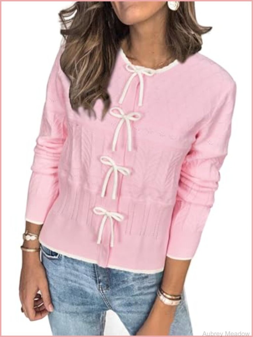 Women's Bow Cardigan Sweater Color Block Crew Neck Long Sleeve Knit Casual